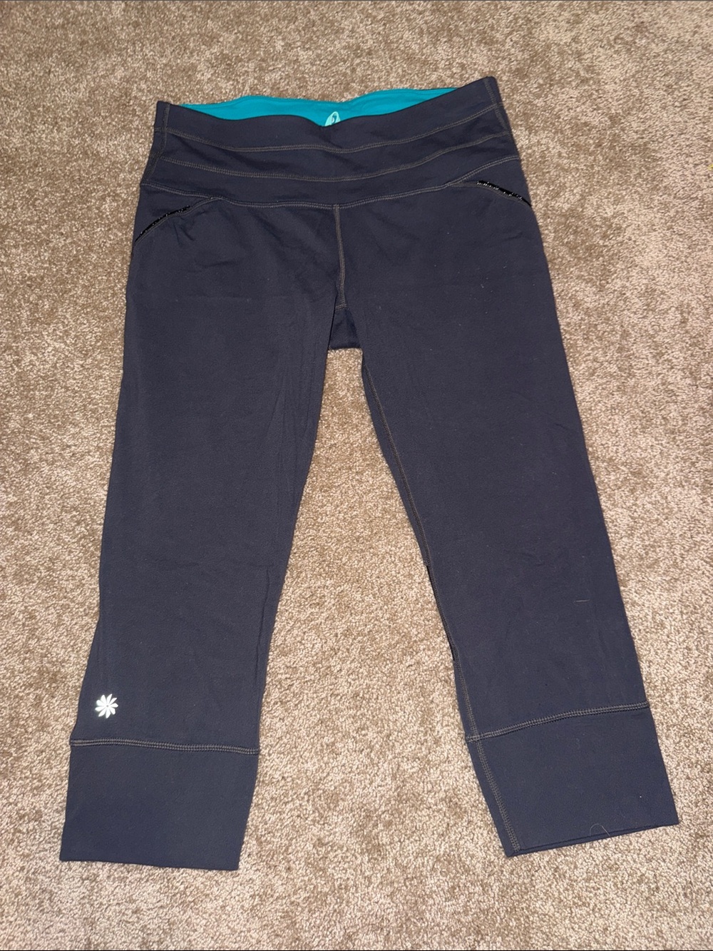 Athleta Black Cropped Active Leggings with Teal Waistband - Medium